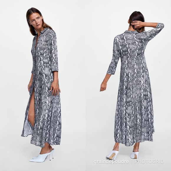 Zara Snake Print Full Skirt Shirt Maxi Dress XS - Picture 2 of 4